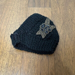Black Knit Head Wrap with Decorative Flower